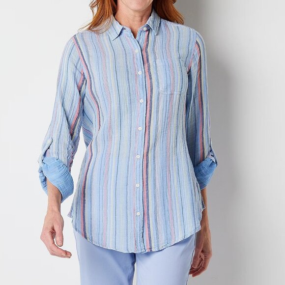 New St. John's Bay Long Sleeve Button-Down Shirt, Blue Striped, L - Picture 1 of 3